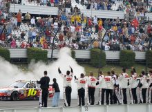 The No. 16 3M Roush Fenway Racing NASCAR Sprint Cup Series crew salutes driver Greg Biffle after winning the Sunoco Red Cross Pennsylvania 500 Sunday at Pocono Raceway in Long Pond, Pa. Credit: Chris Trotman/Getty Images for NASCAR
